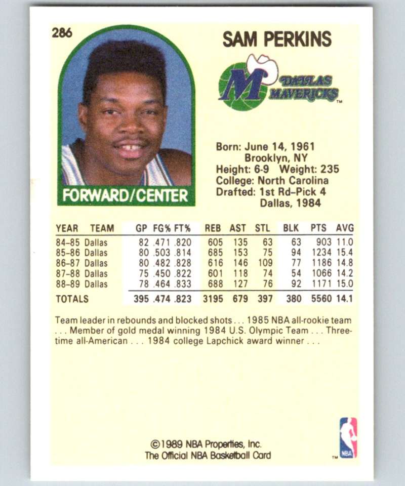 1989-90 Hoops #286 Sam Perkins Mavericks NBA Basketball Image 2