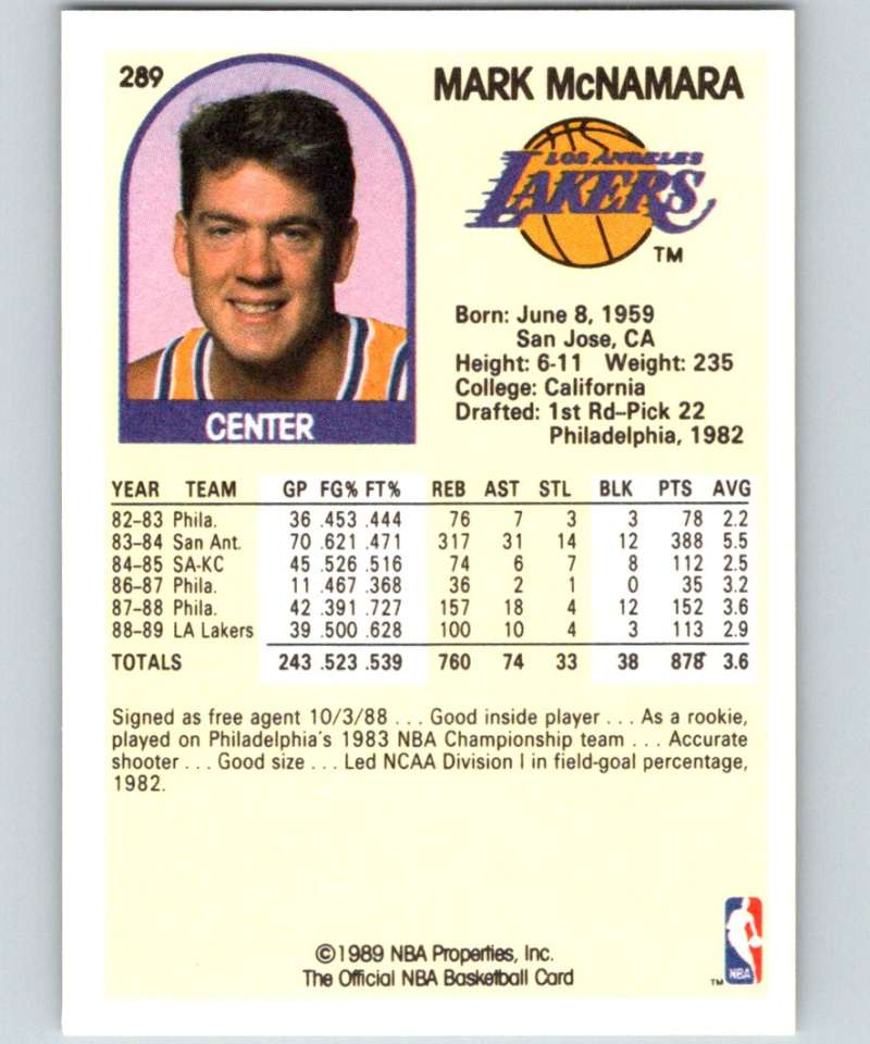 1989-90 Hoops #289 Mark McNamara Lakers NBA Basketball