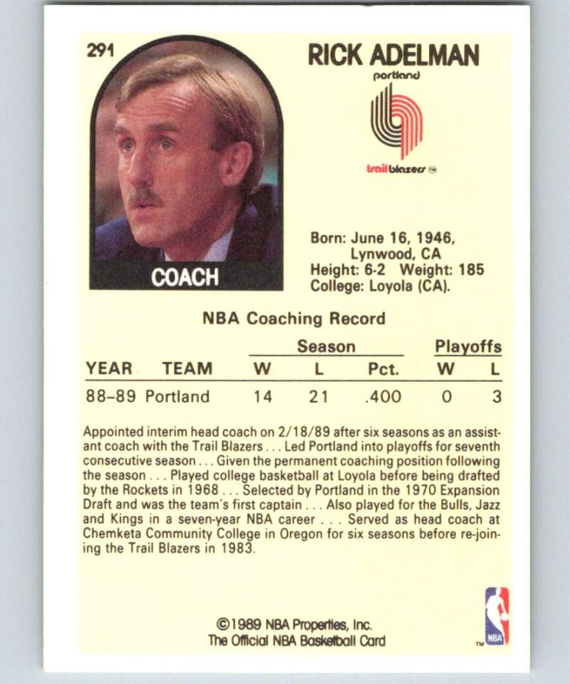 1989-90 Hoops #291 Rick Adelman Blazers UER NBA Basketball Image 2