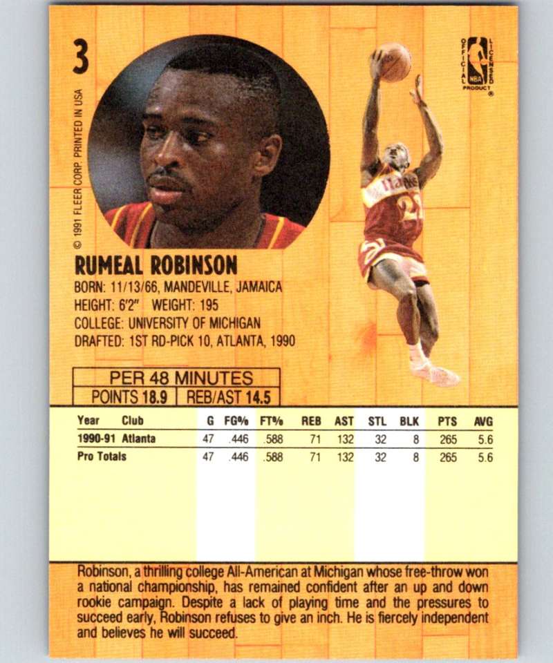 1991-92 Fleer #3 Rumeal Robinson Hawks NBA Basketball Image 2