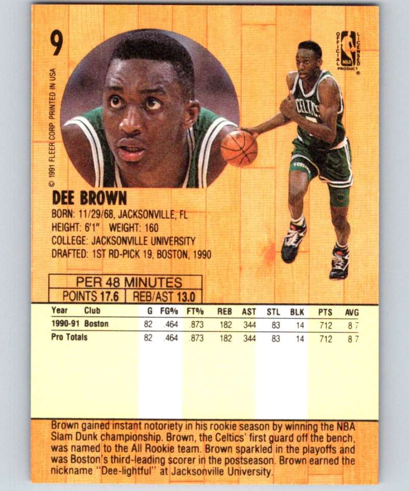 1991-92 Fleer #9 Dee Brown Celtics NBA Basketball Image 2