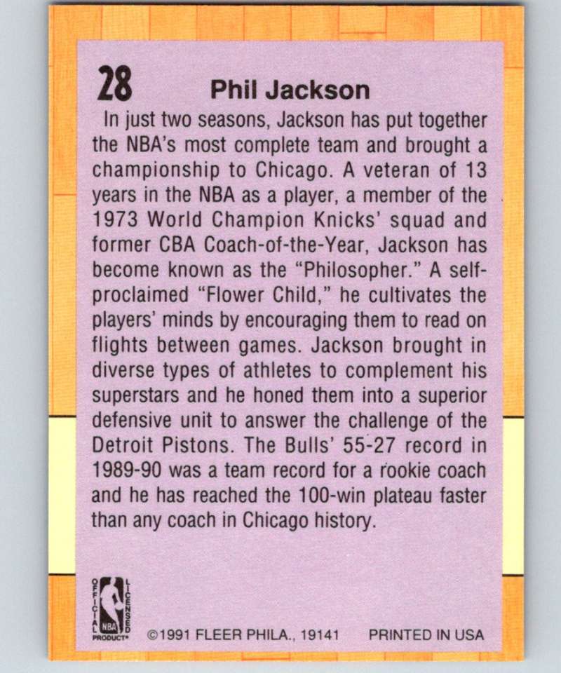 1991-92 Fleer #28 Phil Jackson Bulls CO NBA Basketball Image 2