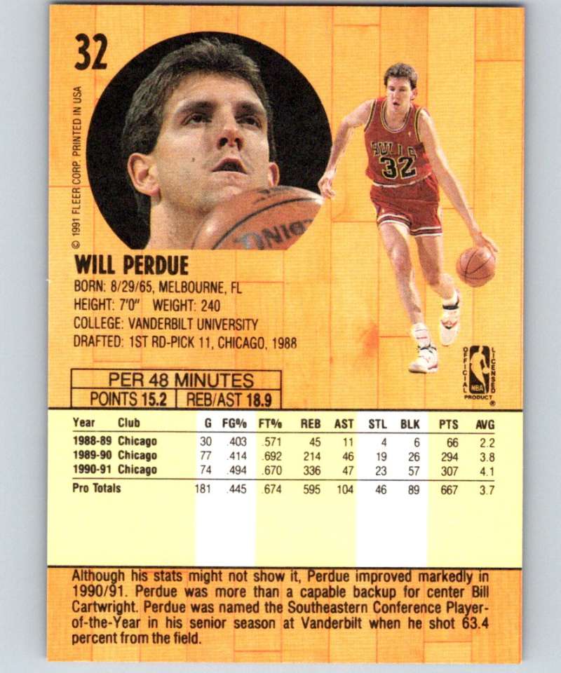 1991-92 Fleer #32 Will Perdue Bulls NBA Basketball