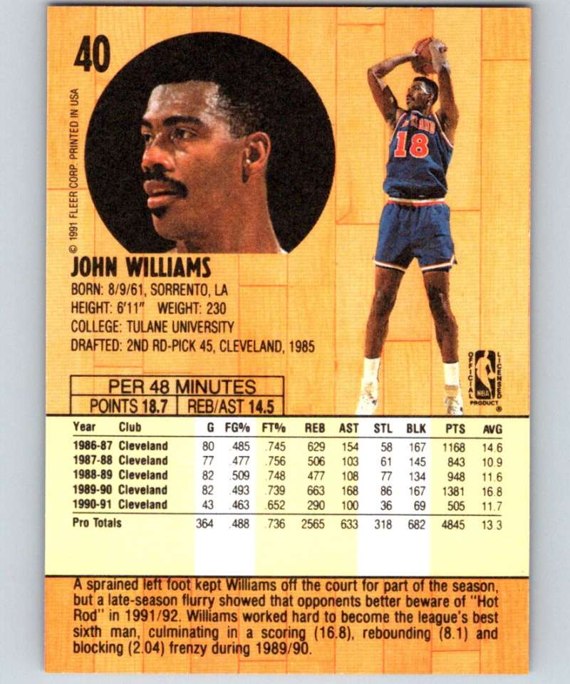 1991-92 Fleer #40 Hot Rod Williams Cavaliers NBA Basketball Image 2