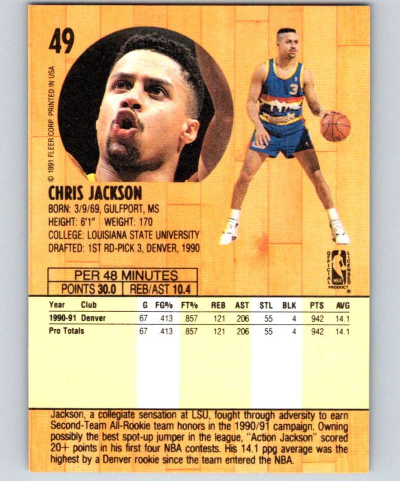 1991-92 Fleer #49 Chris Jackson Nuggets NBA Basketball Image 2