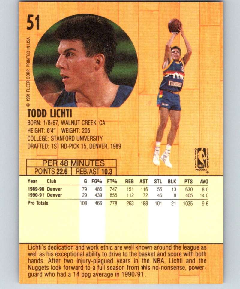 1991-92 Fleer #51 Todd Lichti Nuggets NBA Basketball Image 2