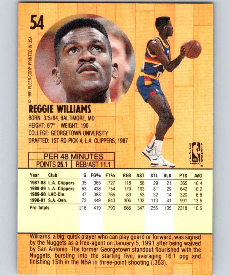 1991-92 Fleer #54 Reggie Williams Nuggets NBA Basketball