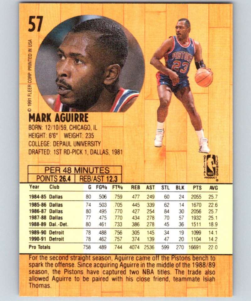 1991-92 Fleer #57 Mark Aguirre Pistons NBA Basketball
