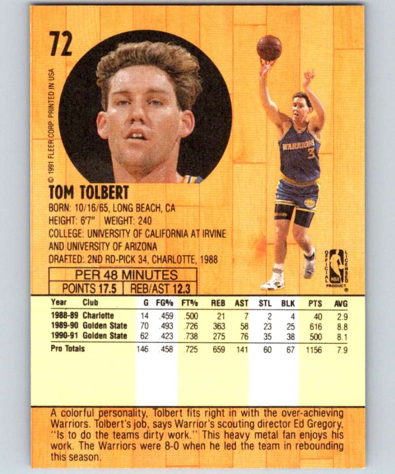 1991-92 Fleer #72 Tom Tolbert Warriors NBA Basketball