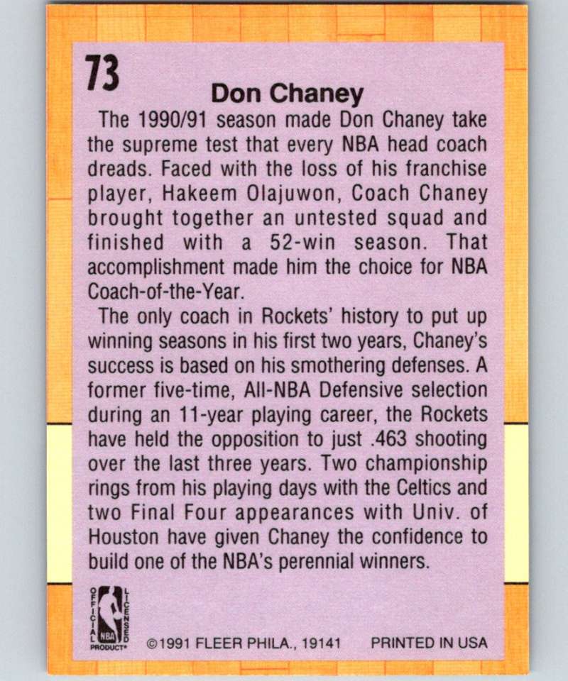 1991-92 Fleer #73 Don Chaney Rockets CO NBA Basketball Image 2