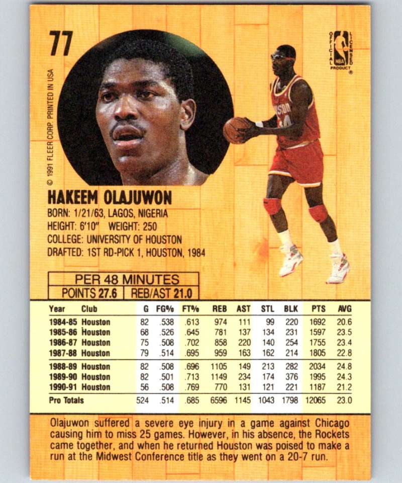 1991-92 Fleer #77 Hakeem Olajuwon Rockets NBA Basketball
