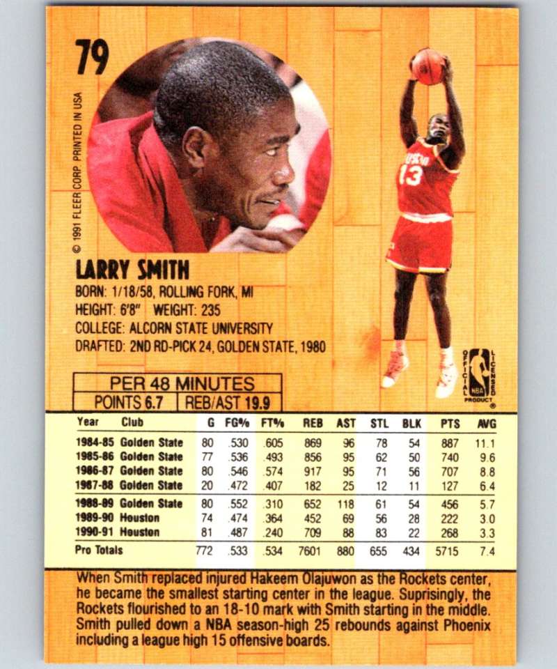 1991-92 Fleer #79 Larry Smith Rockets NBA Basketball Image 2