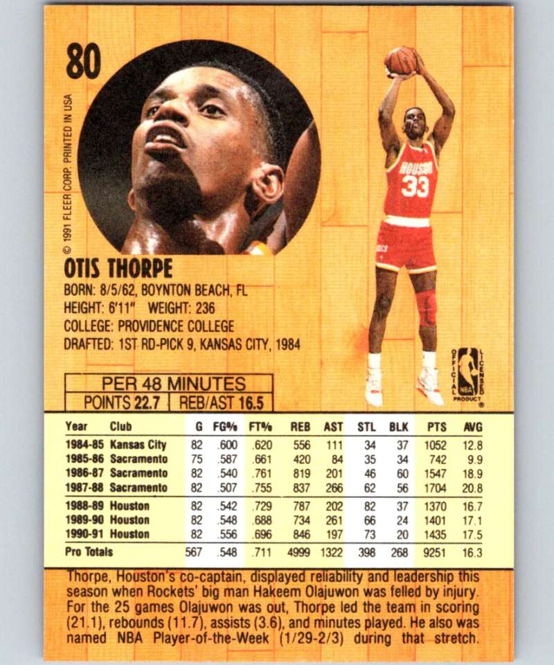 1991-92 Fleer #80 Otis Thorpe Rockets NBA Basketball Image 2