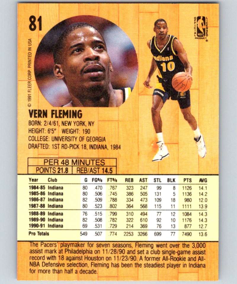 1991-92 Fleer #81 Vern Fleming Pacers NBA Basketball Image 2