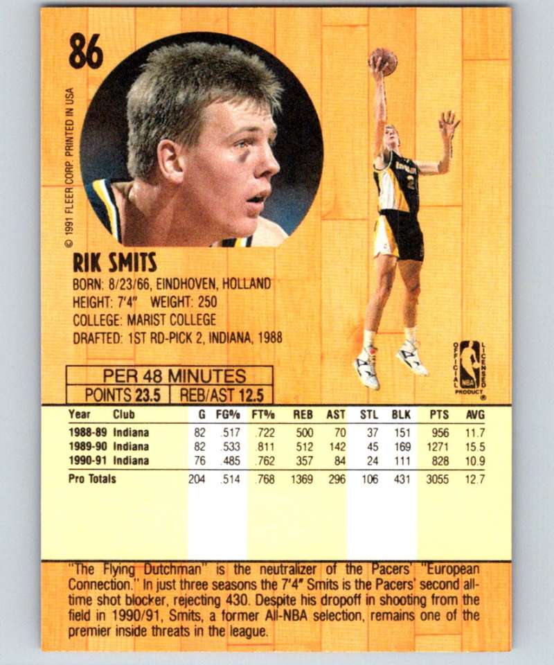 1991-92 Fleer #86 Rik Smits Pacers NBA Basketball Image 2