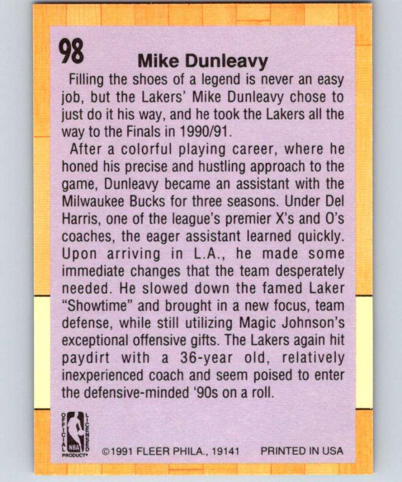 1991-92 Fleer #98 Mike Dunleavy Sr. Lakers CO NBA Basketball