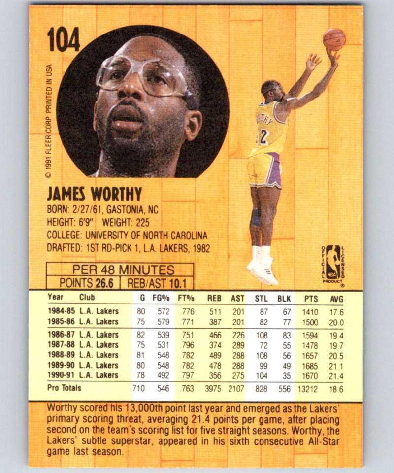 1991-92 Fleer #104 James Worthy Lakers NBA Basketball Image 2