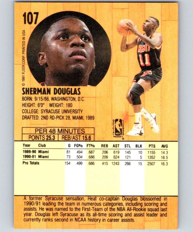 1991-92 Fleer #107 Sherman Douglas Heat NBA Basketball Image 2