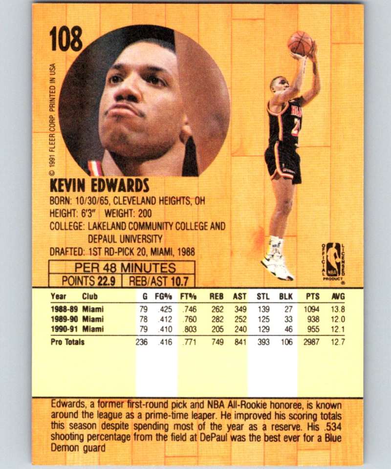 1991-92 Fleer #108 Kevin Edwards Heat NBA Basketball
