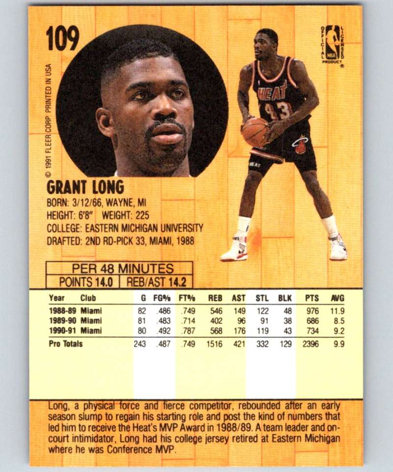 1991-92 Fleer #109 Grant Long Heat NBA Basketball Image 2