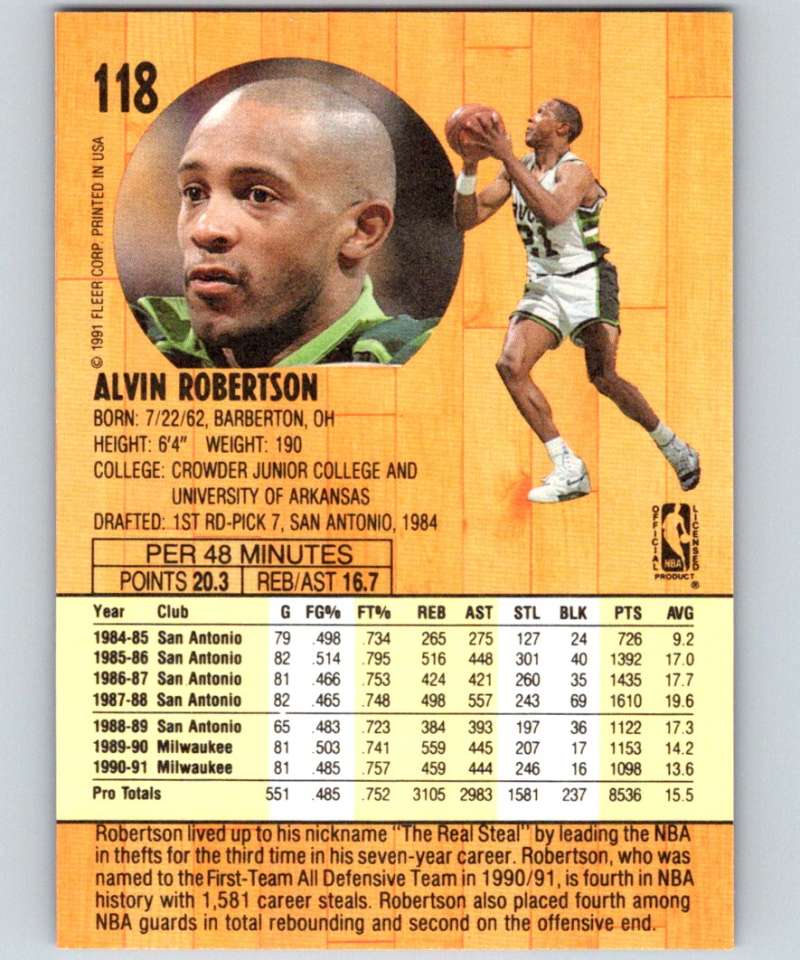 1991-92 Fleer #118 Alvin Robertson Bucks NBA Basketball Image 2