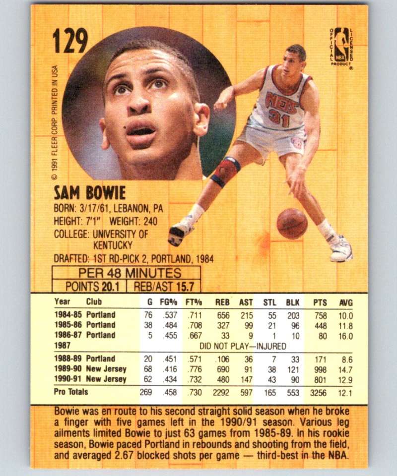 1991-92 Fleer #129 Sam Bowie NJ Nets NBA Basketball