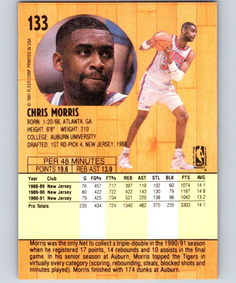 1991-92 Fleer #133 Chris Morris NJ Nets NBA Basketball Image 2