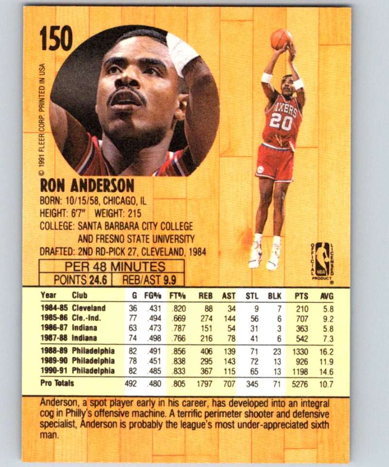 1991-92 Fleer #150 Ron Anderson 76ers NBA Basketball Image 2