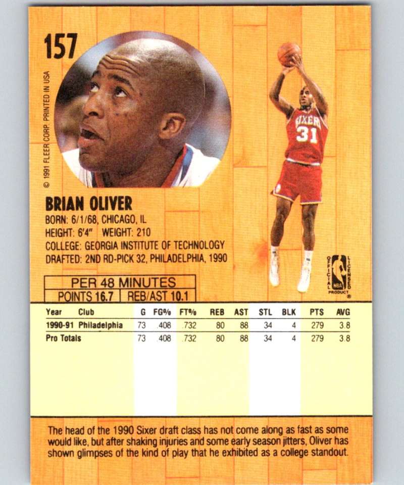 1991-92 Fleer #157 Brian Oliver 76ers NBA Basketball Image 2