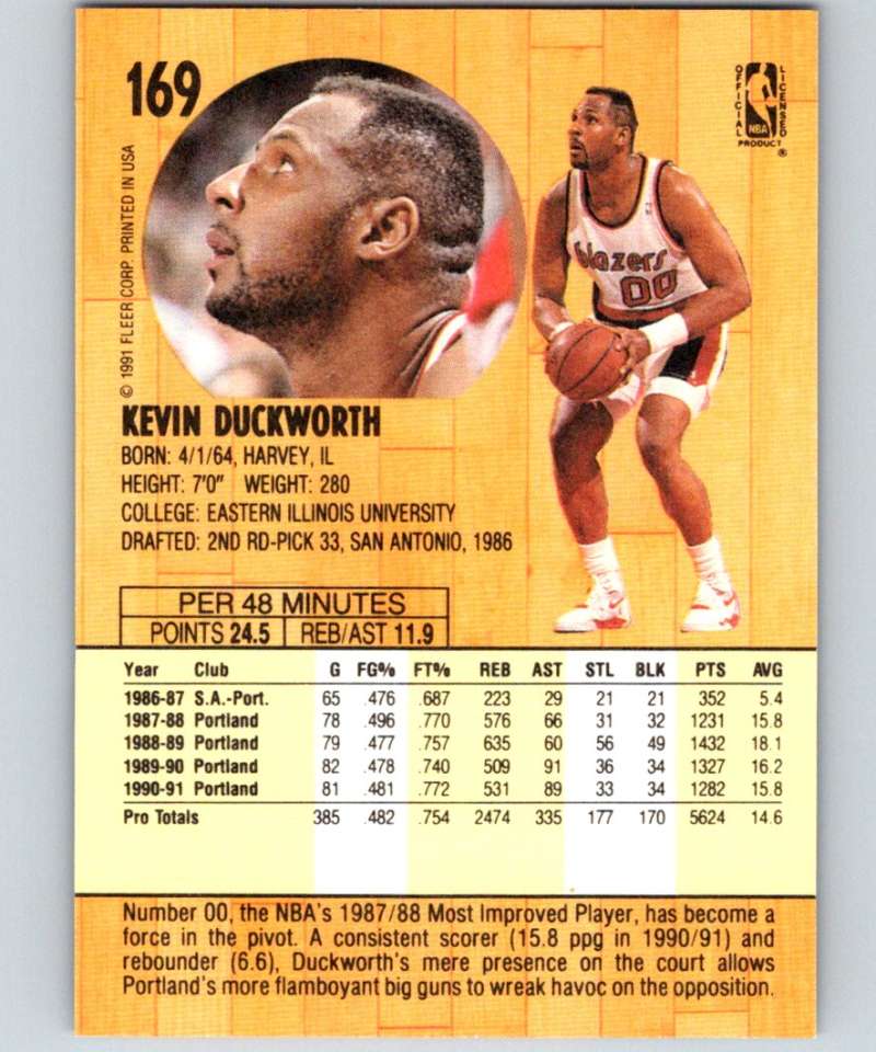 1991-92 Fleer #169 Kevin Duckworth Blazers NBA Basketball