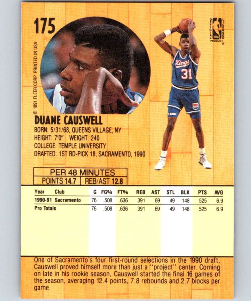 1991-92 Fleer #175 Duane Causwell Sac Kings NBA Basketball Image 2