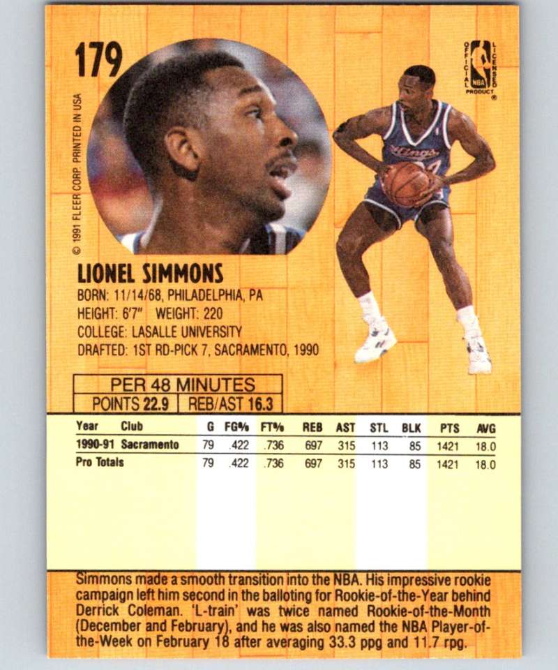 1991-92 Fleer #179 Lionel Simmons Sac Kings NBA Basketball