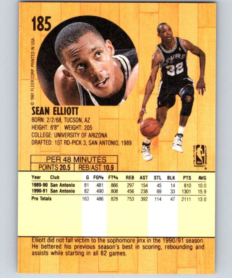 1991-92 Fleer #185 Sean Elliott Spurs NBA Basketball