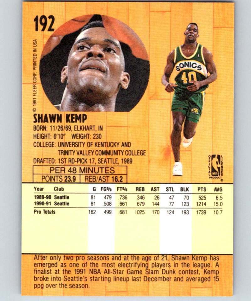 1991-92 Fleer #192 Shawn Kemp NBA Basketball Image 2