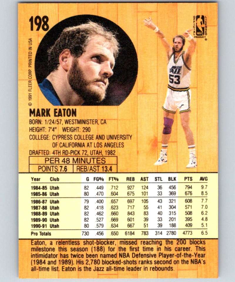 1991-92 Fleer #198 Mark Eaton Jazz NBA Basketball Image 2