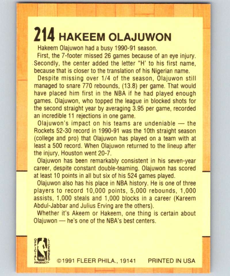 1991-92 Fleer #214 Hakeem Olajuwon Rockets AS NBA Basketball