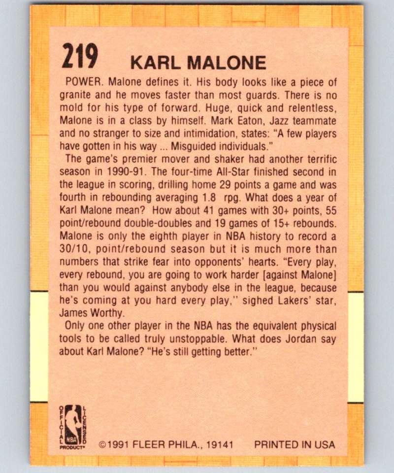 1991-92 Fleer #219 Karl Malone Jazz AS NBA Basketball Image 2