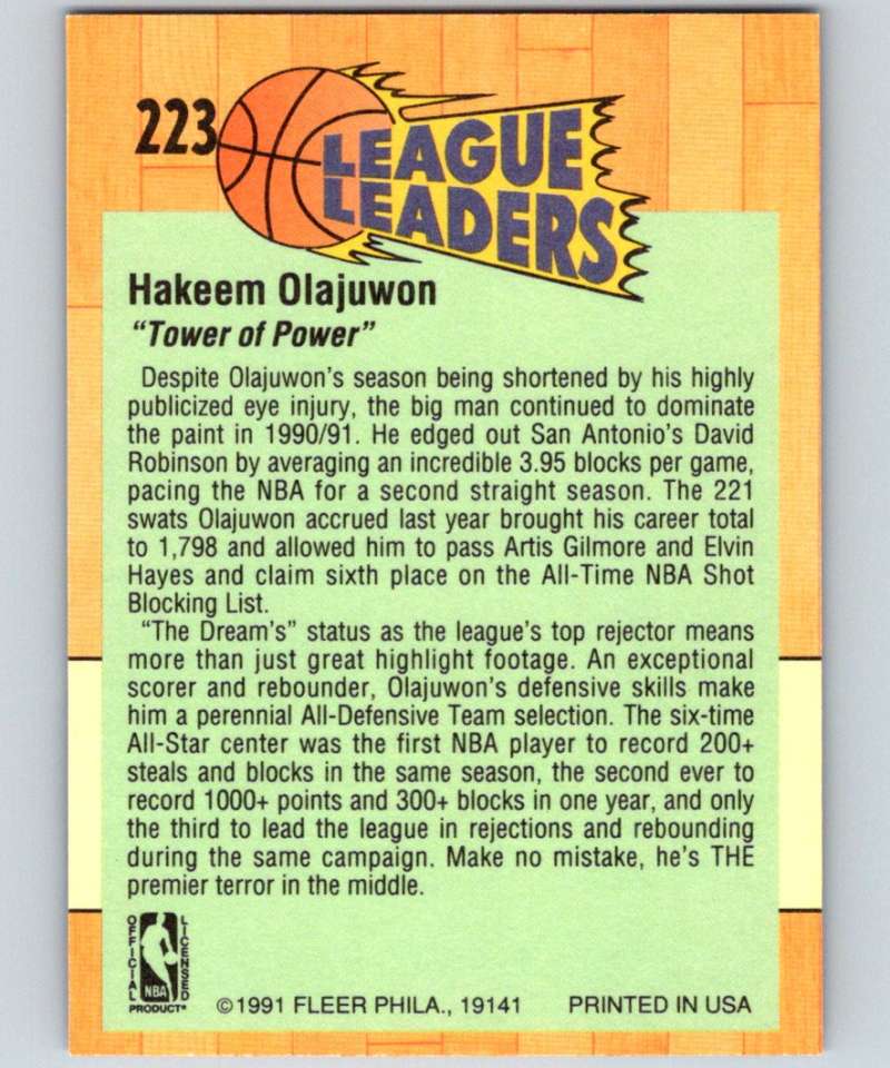 1991-92 Fleer #223 Hakeem Olajuwon Rockets LL NBA Basketball Image 2