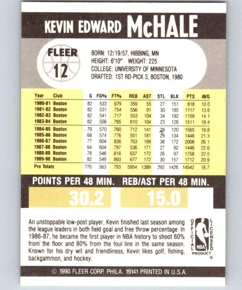 1990-91 Fleer #12 Kevin McHale Celtics NBA Basketball Image 2