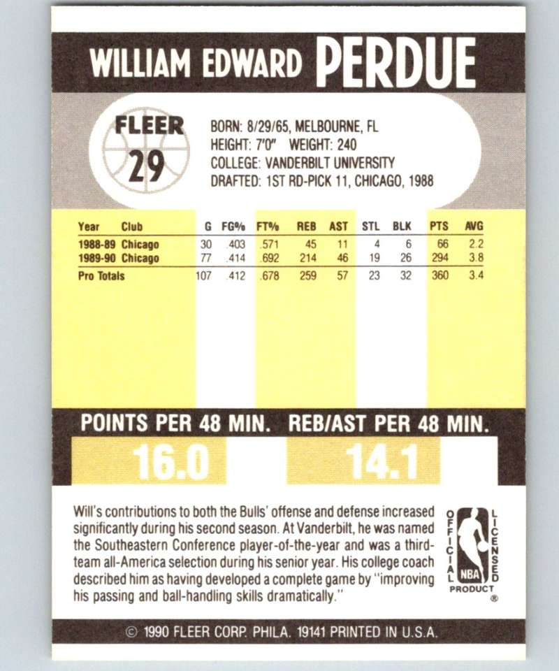 1990-91 Fleer #29 Will Perdue Bulls NBA Basketball