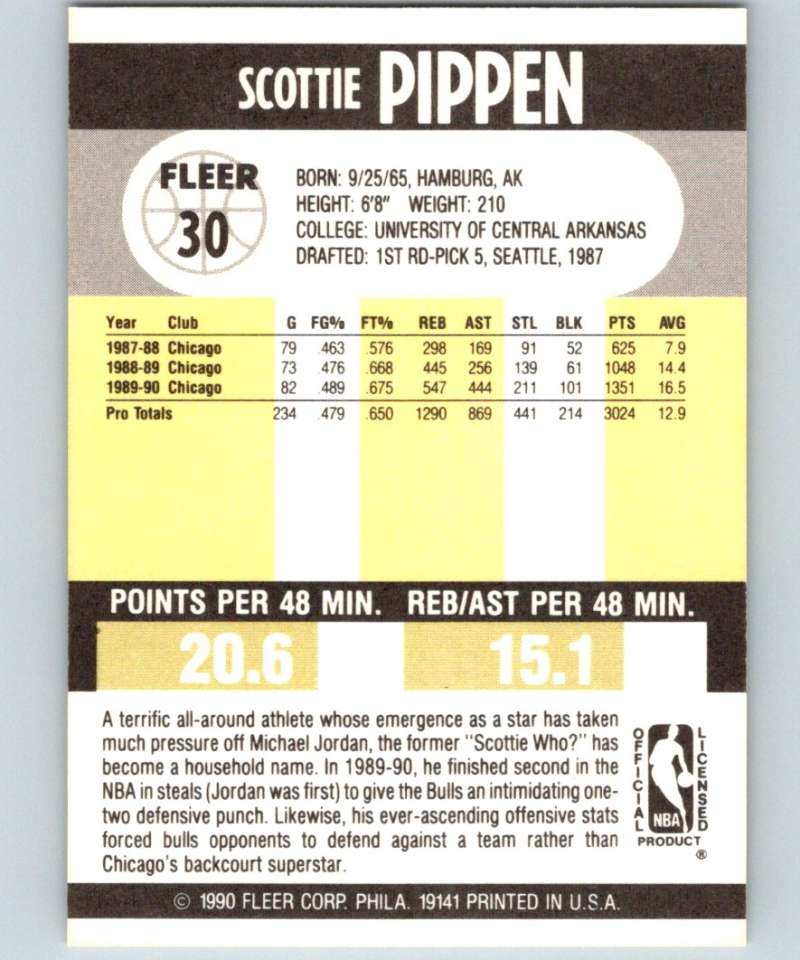 1990-91 Fleer #30 Scottie Pippen Bulls NBA Basketball