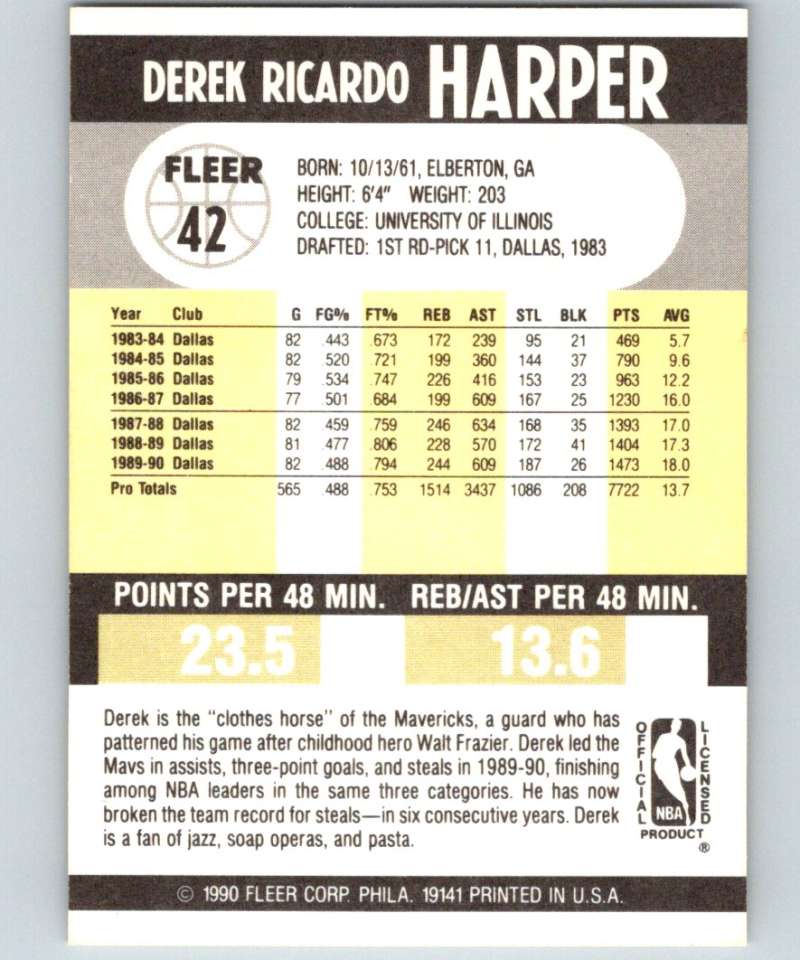 1990-91 Fleer #42 Derek Harper Mavericks NBA Basketball Image 2