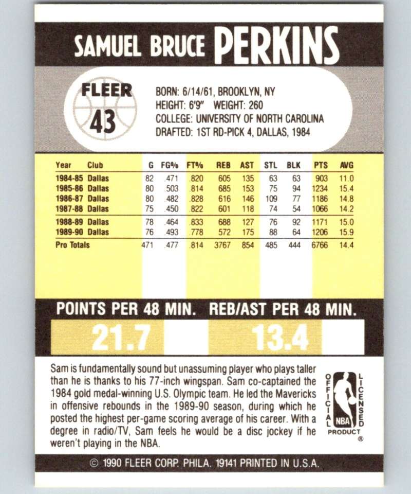 1990-91 Fleer #43 Sam Perkins Mavericks UER NBA Basketball Image 2