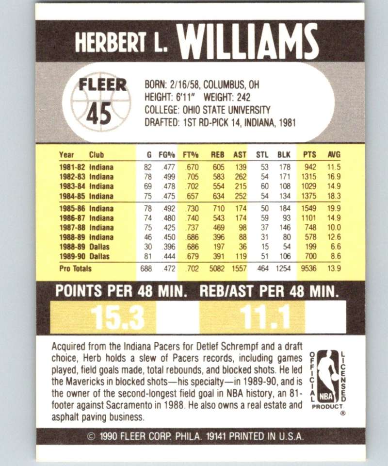 1990-91 Fleer #45 Herb Williams Mavericks NBA Basketball Image 2
