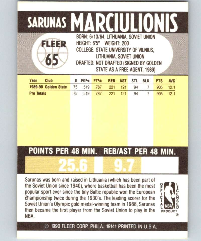 1990-91 Fleer #65 Sarunas Marciulionis RC Rookie Warriors NBA Basketball