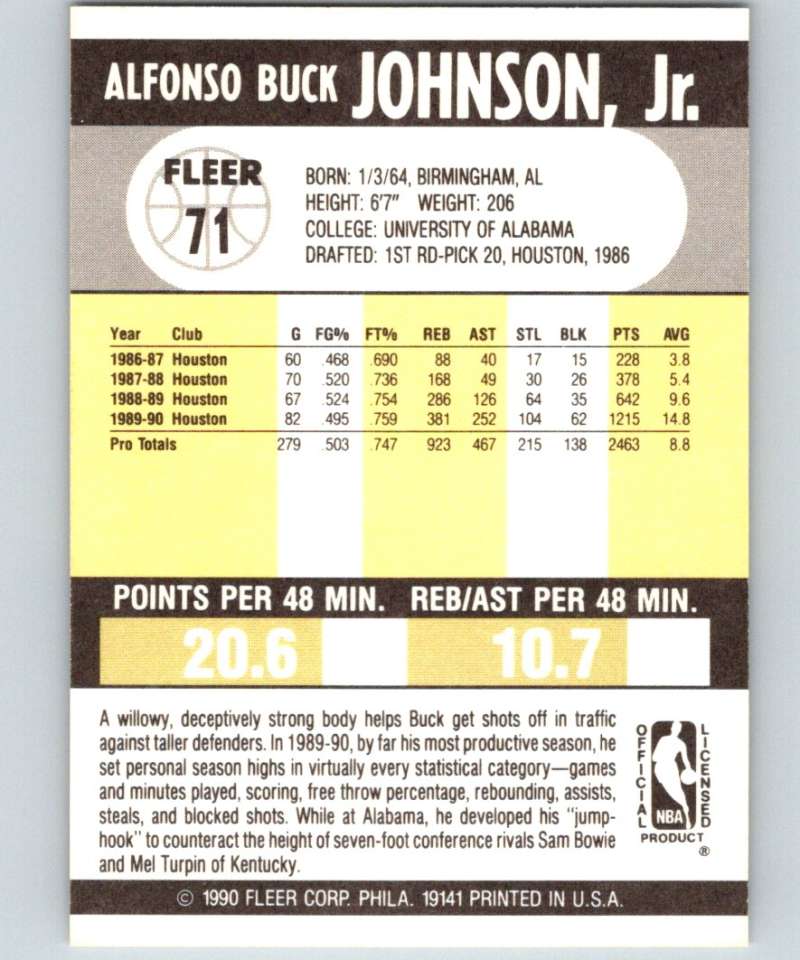 1990-91 Fleer #71 Buck Johnson Rockets NBA Basketball Image 2
