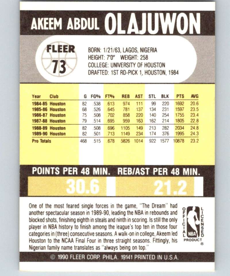 1990-91 Fleer #73 Hakeem Olajuwon Rockets NBA Basketball
