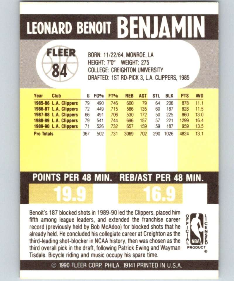 1990-91 Fleer #84 Benoit Benjamin Clippers NBA Basketball Image 2