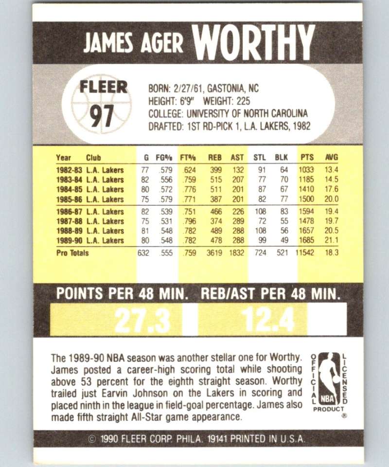 1990-91 Fleer #97 James Worthy Lakers NBA Basketball Image 2