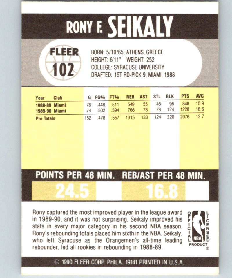 1990-91 Fleer #102 Rony Seikaly Heat UER NBA Basketball